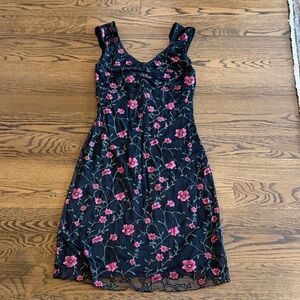 Guess Black Midi/Knee Length Dress with Pink Floral Embroidery